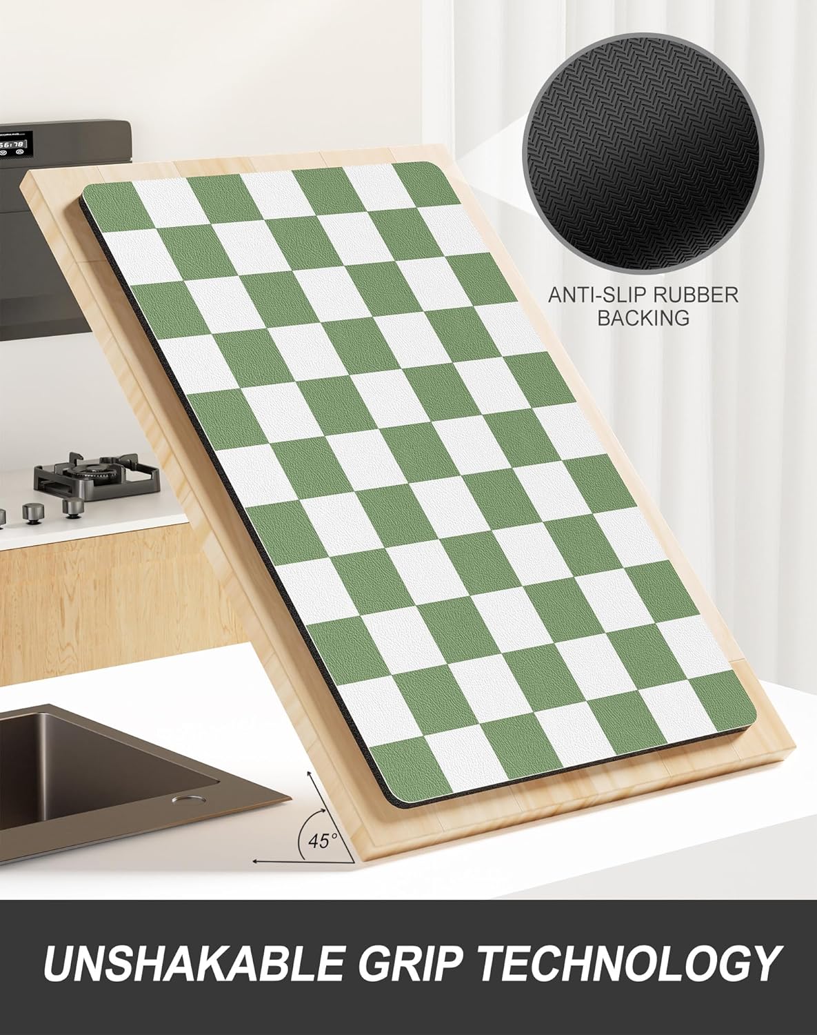 Rnivvi Dish Drying Mat - Absorbent Non-Slip Draining Pad for Kitchen Counter | 12 x 19 Inches, Green & White Checkered