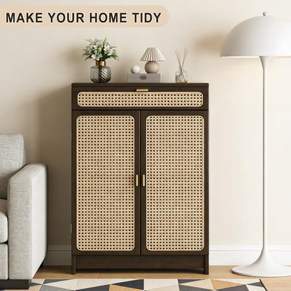 Jueraori WiFi Router Storage Cabinet with Adjustable Shelves, 2-Tier Standing Bamboo Cabinet with Rattan Doors and Drawer, Power Strip Cable Management Hider Rack for Home & Office(35.4"×19.7"×9.8")
