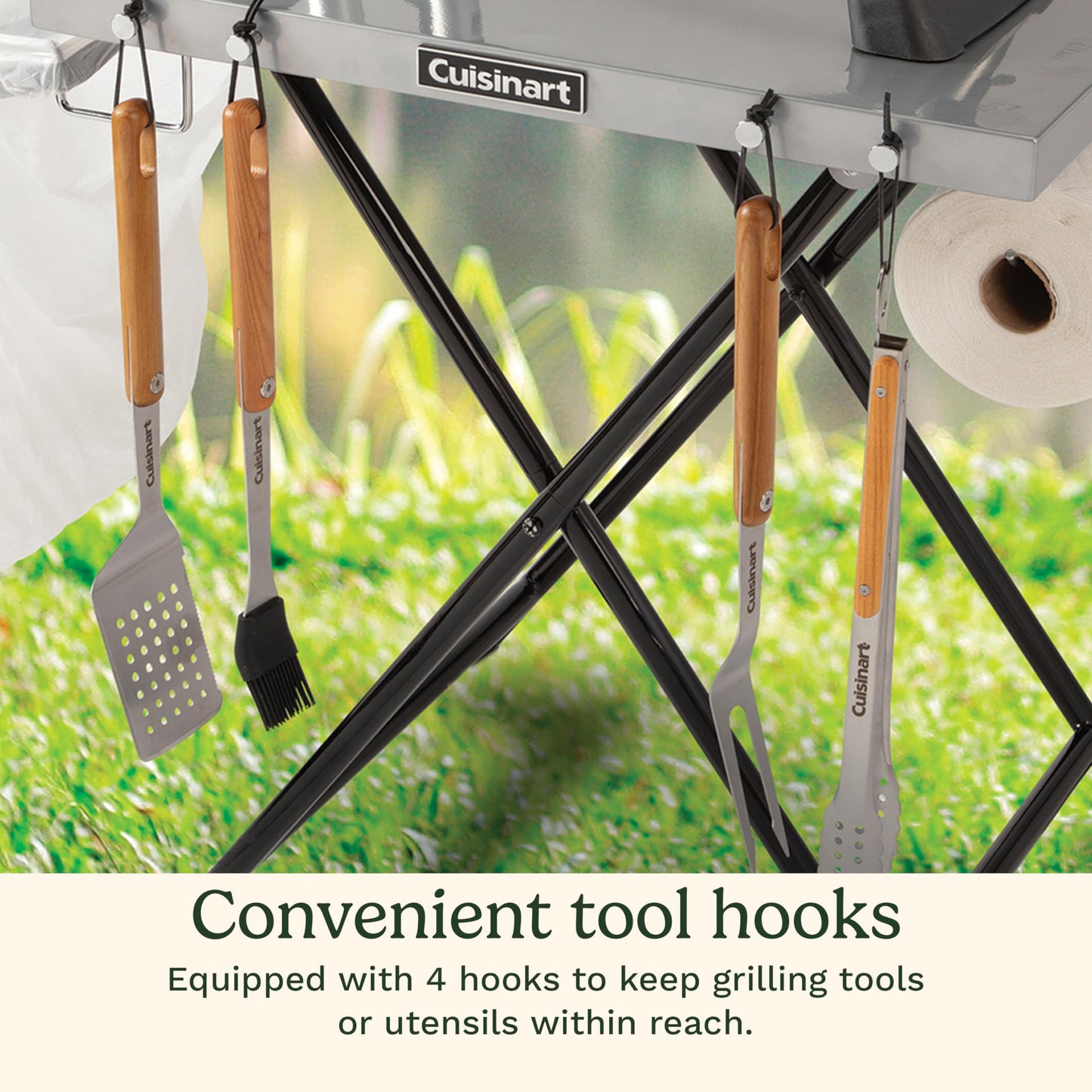 Cuisinart Fold ‘n Go Prep Table, Portable Folding Table and Grill Stand with Tool hooks, Trash Bag Holder, Paper Towel Rack, 24” x 20” Steel Food Prep Station Perfect for BBQs, Tailgates and Camping