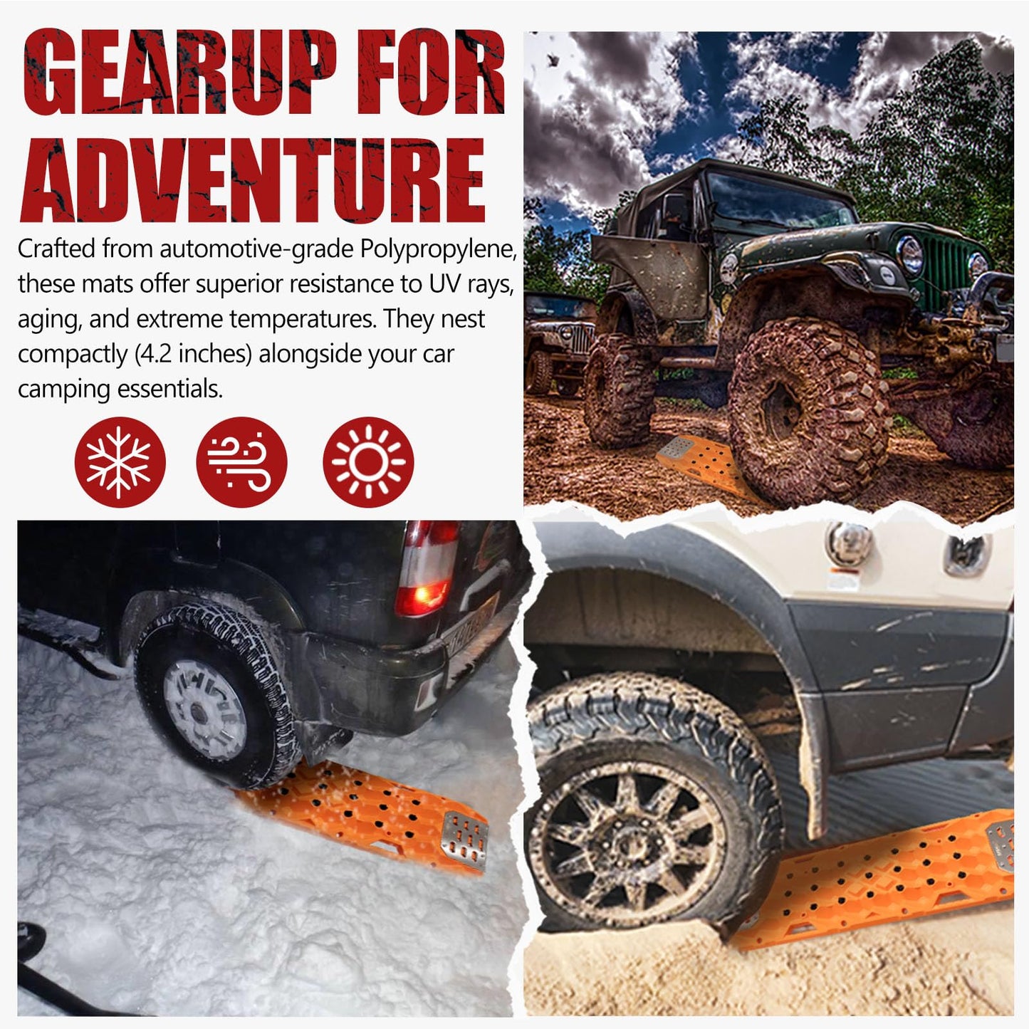 BUNKER INDUST Offroad Traction Boards with Jack Base (Orange) + 3" x 30ft Recovery Straps + Pair 3/4 D Ring Shackles + Bag 35,000 lbs Tree Saver Winch Strap