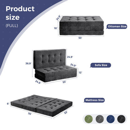 MAXYOYO 6" Folding Sofa Bed for Floor, Tufted Tri-Fold Floor Couch Bed with Chenille Fabric, Full Size Portable Sofa Couch Guest Mat for Adults, Foldable Topper for Camping, Dark Grey, 53"x75"