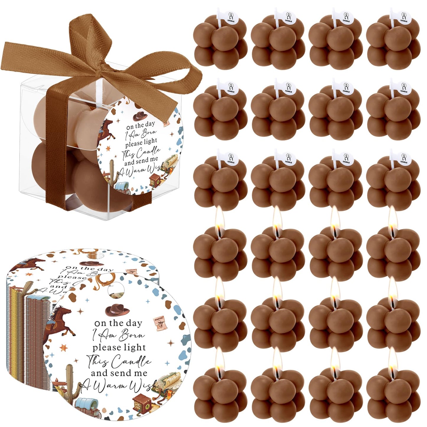 MTLEE 24 Sets Cowboy Baby Shower Favors Small Bubble Candle Baby Shower Favors for Guests Tea Candles Bulk with Stylish Ribbons Cards Gifts Party Decorations