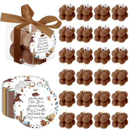 MTLEE 24 Sets Cowboy Baby Shower Favors Small Bubble Candle Baby Shower Favors for Guests Tea Candles Bulk with Stylish Ribbons Cards Gifts Party Decorations