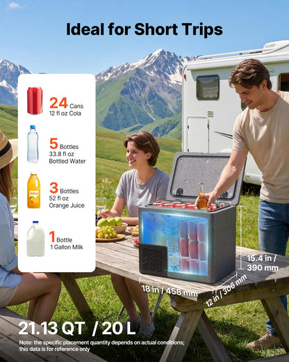 VEVOR 12 Volt Refrigerator, 21.1 QT/ 20L Car Fridge, Portable Ultra-Light EPP Freezer, APP Control Electric Compressor, 12V/24V DC, 14℉ to 50℉, for Truck Van RV SUV Boat Travel Camping