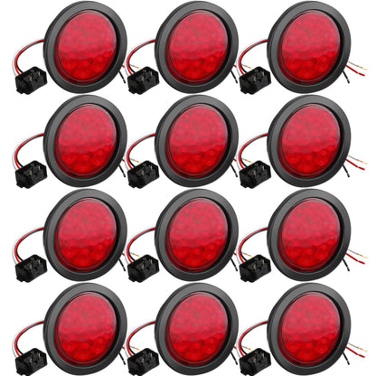 BBTO 12 Pcs 4 Inch Round LED Trailer Tail Lights, Waterproof Brake Stop Turn Marker Lights, Plastic, Red
