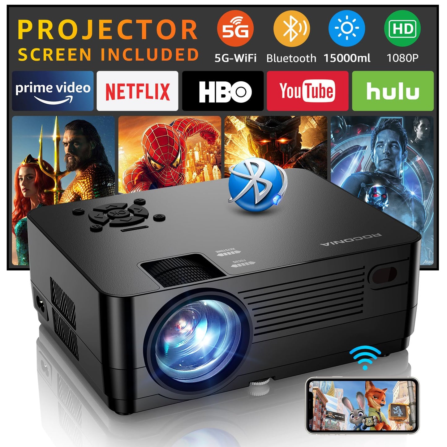 Projector with 5G WiFi and Bluetooth, Native 1080P Projector[Projector Screen Included], Full HD 18000LM Movie Projector, 100" Display Home Theater, Compatible with Phone/Laptop/TV Stick