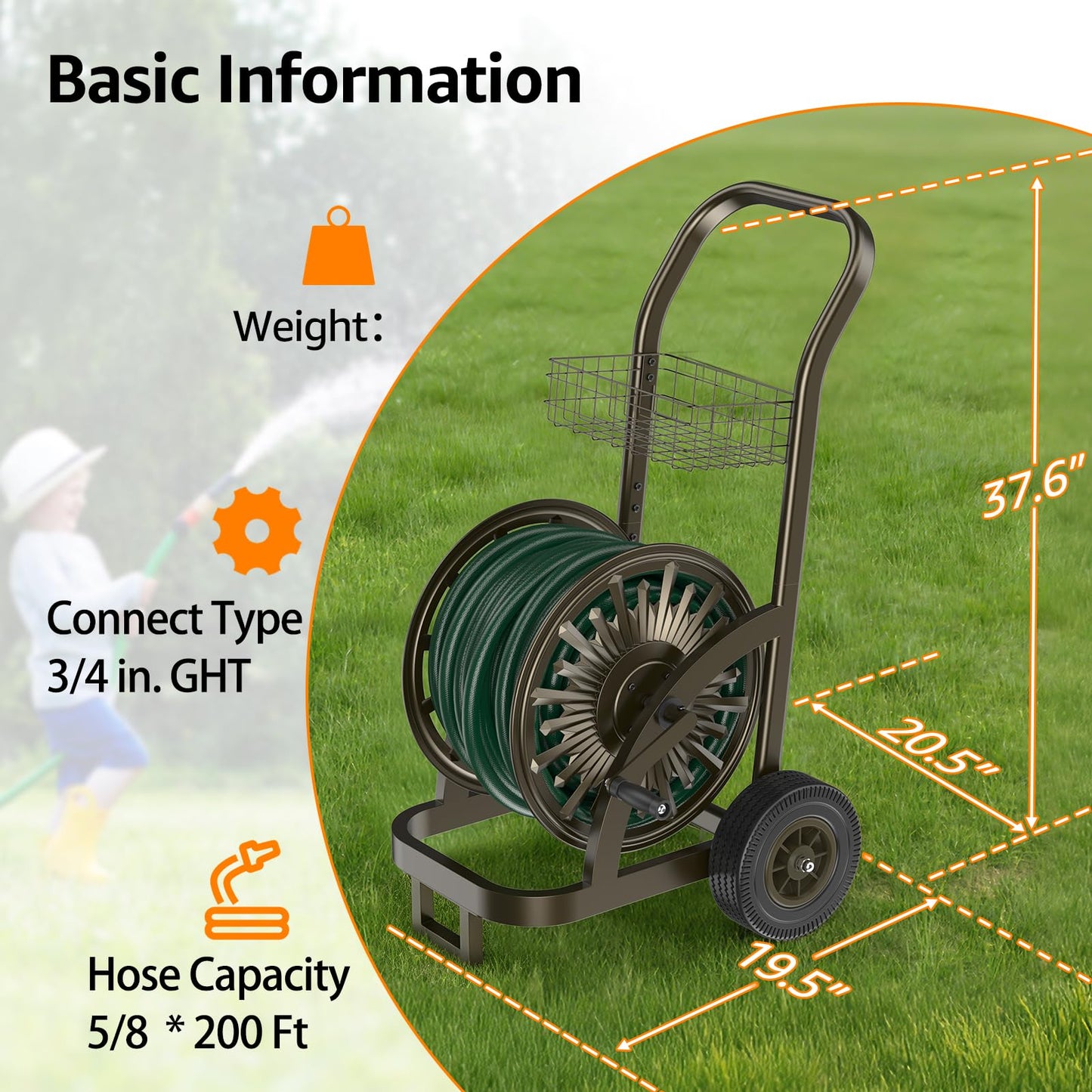 GOFORWILD Heavy Duty Steel Garden Hose Reel Cart with Wheels - Holds 200ft of 5/8 Hose, Storage Basket & Anti-Tip Design - Mobile Water Reel for Lawn, Yard, Garden