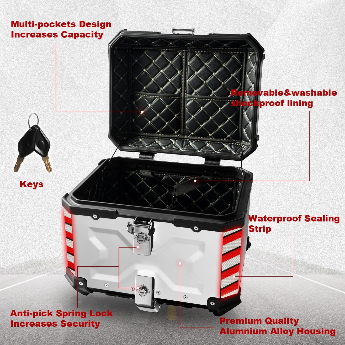 Donpida Universal Motorcycle Top Case,55L Motorbike Tail Box Trunk Tour Storage Carrier Case with Backrest, Security Lock and Handle for Helmet Luggage,Sliver