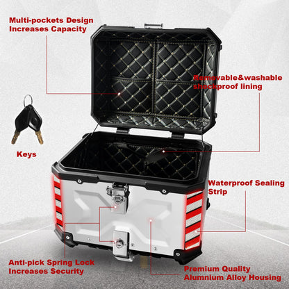 Donpida Universal Motorcycle Top Case,55L Motorbike Tail Box Trunk Tour Storage Carrier Case with Backrest, Security Lock and Handle for Helmet Luggage,Sliver