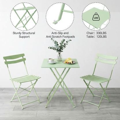 Garvee 3-Piece Patio Bistro Set – Metal Frame Folding Patio Furniture, Outdoor/Indoor Bistro Table and Chairs Set, No Assembly Needed, for Balcony, Yard, Garden, Green