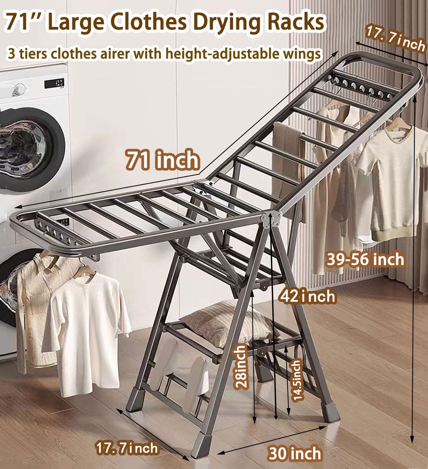 Mimiblack Clothes Airer Drying Rack Foldable with Wheels for Clothing&Bedding&Towels,Sturdy Laundry Dryer Stand for Indoor & Outdoor Use 70.8" L×17.7" W, Gray