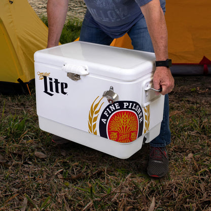 Miller Light Ice Chest Cooler - Portable Ice Bucket with Bottle Opener, Vintage Style, Insulated for Camping, Beach, Picnic, RV, BBQs, Tailgating, Fishing, Steel-Belted, 85 Can Ice Box, 51L (54 qt)