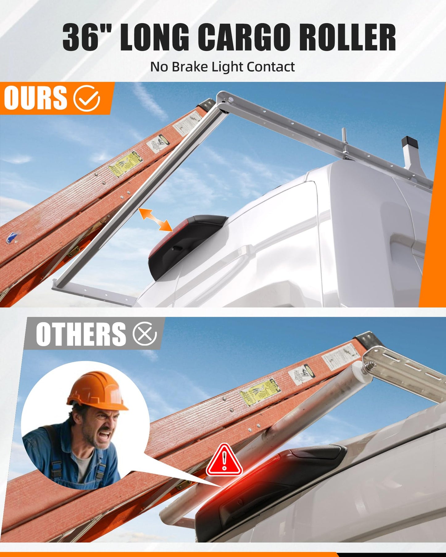 MELIPRON Cargo Van Roof Ladder Rack with Longer Rear Roller Fit for 2015-2026 Ford Transit 150 250 350, Low/Medium/High Roof, No Brake Light Block, 800 lbs Capacity Steel Rack, No‑Drill