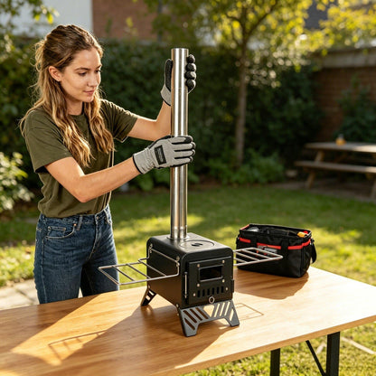 steladomus 4.66ft Mini Wood Burning Stove Kit with Fire Mat, Hook, Window and Chimney, Portable Camping Stove Compact into Car Trunk and Carriable with Side Racks for RV Trip and Outdoor Gatherings