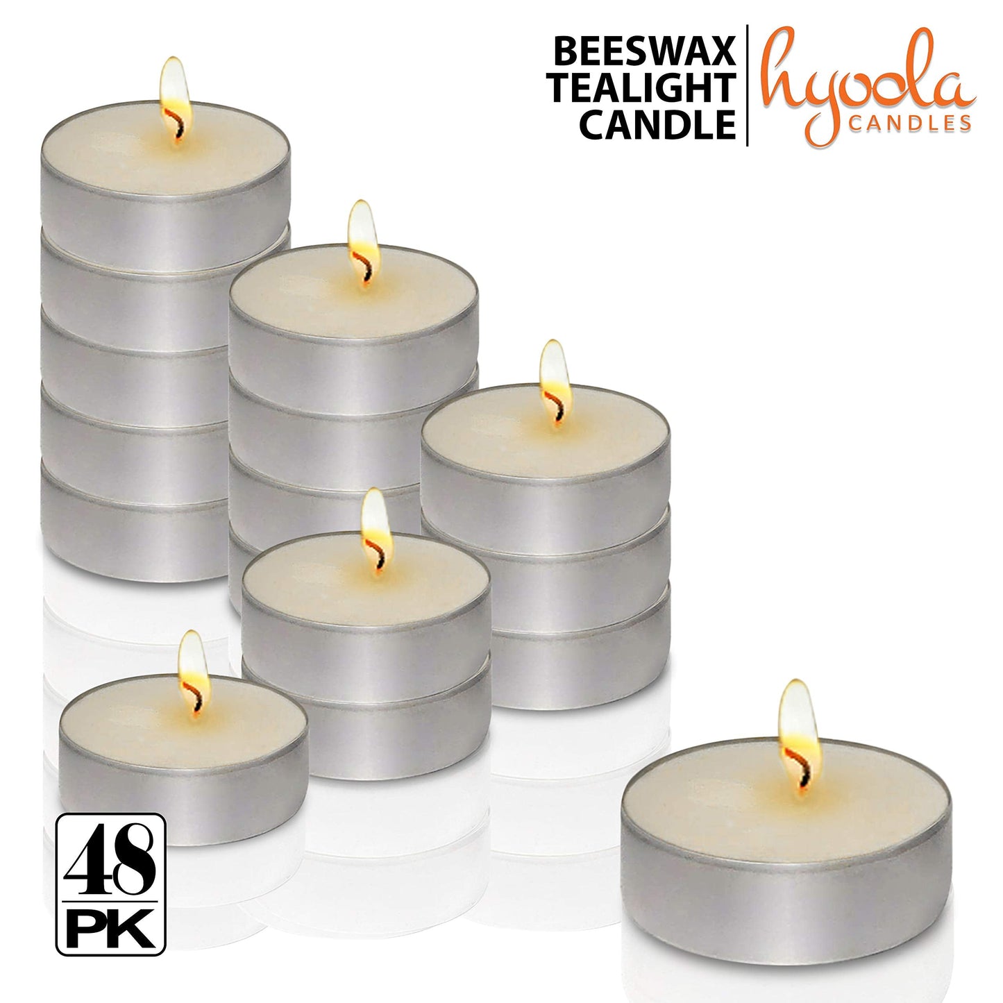 HYOOLA White Beeswax Tealight Candles in Aluminum Cup - 48 Pack - 100% Pure Natural Beeswax Candles