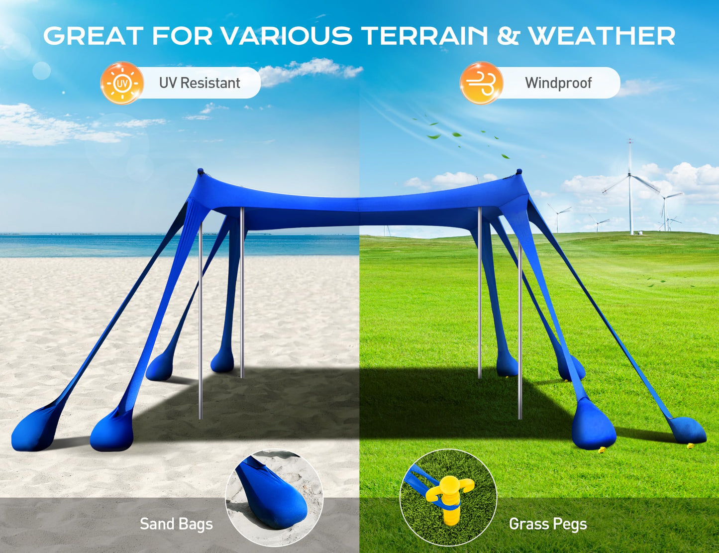 Rengue Beach Tent, Beach Canopy UPF50+ UV Protection, 10x10ft Beach Shade Sun Shelter with 8 Sandbags, Sand Shovels, Ground Pegs, Stability Poles for Camping, Fishing, Picnic, Backyard Fun, Royal Blue