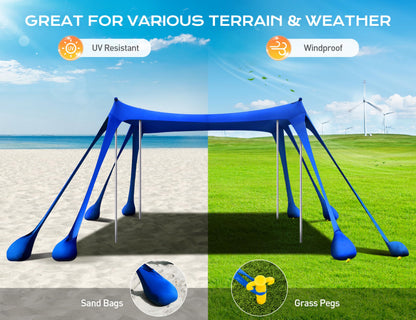 Rengue Beach Tent, Beach Canopy UPF50+ UV Protection, 10x10ft Beach Shade Sun Shelter with 8 Sandbags, Sand Shovels, Ground Pegs, Stability Poles for Camping, Fishing, Picnic, Backyard Fun, Royal Blue