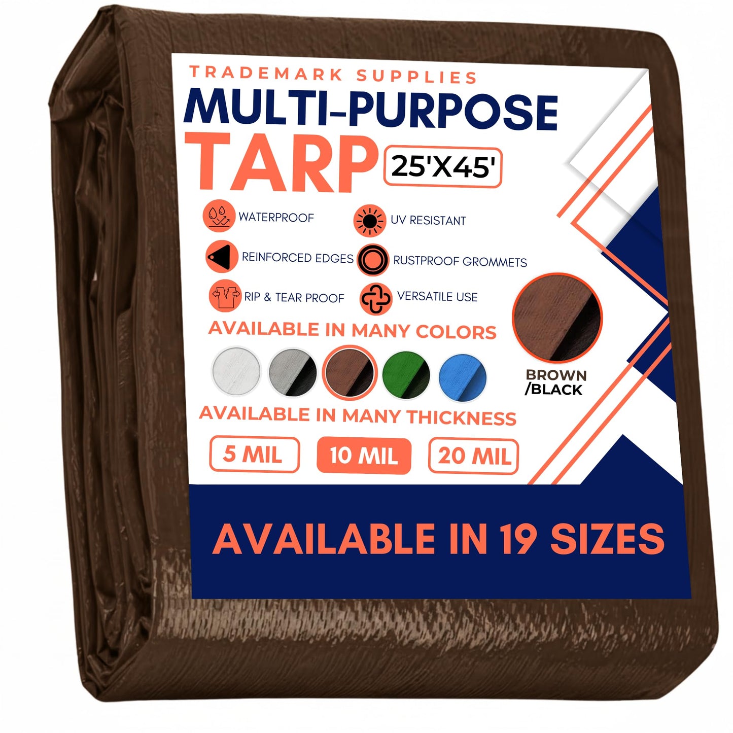 Large Waterproof Tarp - Heavy Duty 10 Mil Thick Poly Tarpaulin Ideal for Canopy Tents, Boats, RV or Pool Covers - Multipurpose Protective Tarps with Grommets for Indoor and Outdoor Use | 25' x 45'