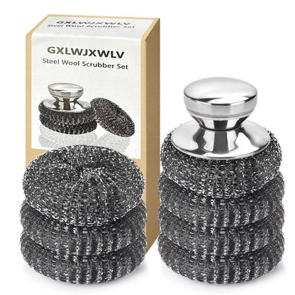 7PCS Steel Wool Scrubber Pads, Stainless Steel Scrubber Set with 1PCS Handle, Metal Scrubbers for Cleaning Kitchen and Household, Dishes, Stoves, Grill, Wash Sink, Pots