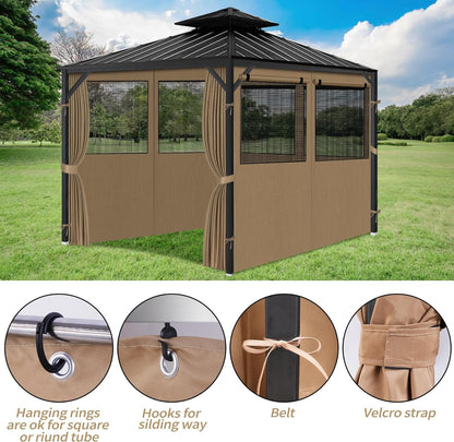 aonear Gazebo Privacy Curtains 10' x 10' with Mosquito Windows, 4-Panels Side Wall with Zipper Universal Replacement for Patio, Outdoor Canopy, Garden and Backyard, Khaki (Curtain Only)