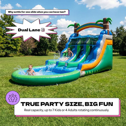POP JUMP 13ft Tall Topical Inflatable Water Slide Dual Lane with Pool- 23ft Long, 100% PVC Vinyl, Commercial Reinforced, Backyard Summer Play, Wet/Dry Fun, Front Entry for Supervision, Includes Blower