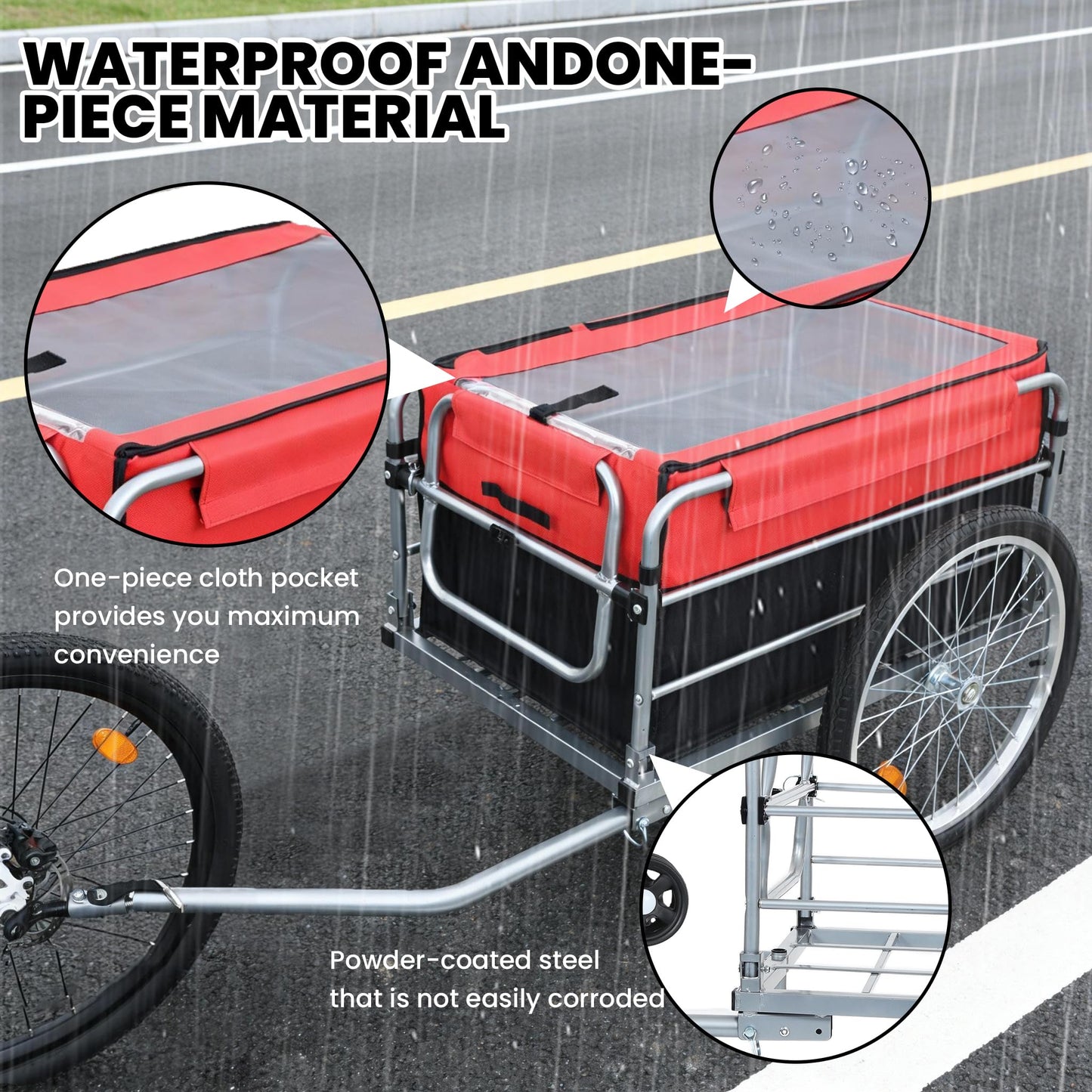 KEIKI Bike Cargo Trailer, Aluminum Luggage Cart, Heavy Duty 220 lbs Bicycle Wagon Cart, Folding Groceries Hauler with Safe Hitch System, Removable Cover, Oxford Fabric for Cycling Travel, Black+Red