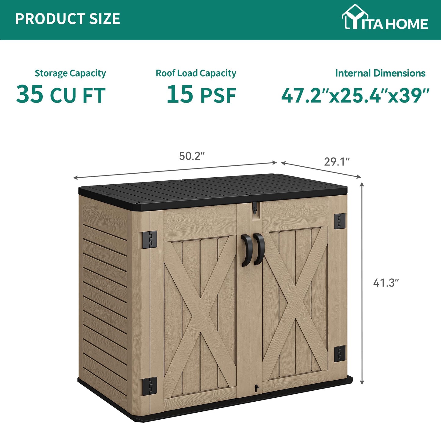 YITAHOME Outdoor Horizontal Storage Shed with X-Shaped Lockable Door, 35 Cu Ft Weatherproof Resin Tool Shed w/o Shelf, Ideal for Bike, Trash Cans, Garden Tools, Lawn Mowers, Brown