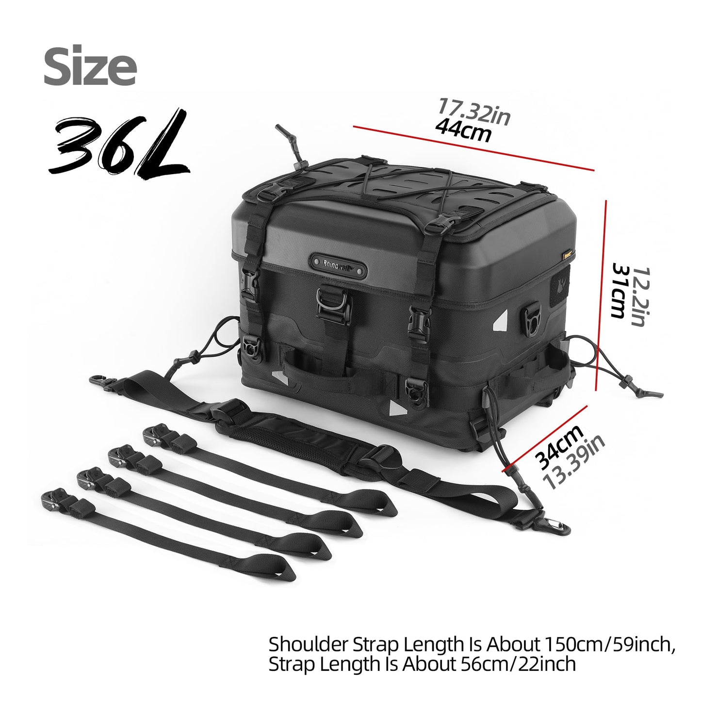 Rhinowalk Motorcycle Tail Bag 36L Hard Shell Top Case Waterproof Rear Pack with Expandable Capacity and MOLLE System (MFT2305)