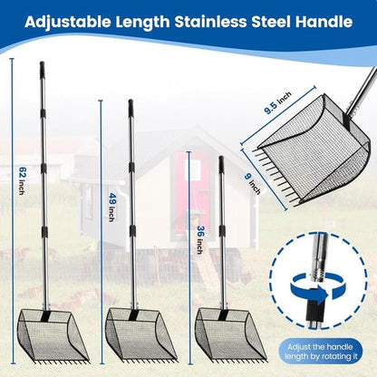 Chicken Poop Scooper - 2-in-1 Rake & Sifting Shovel with Adjustable Stainless Steel Handle (36"-62")