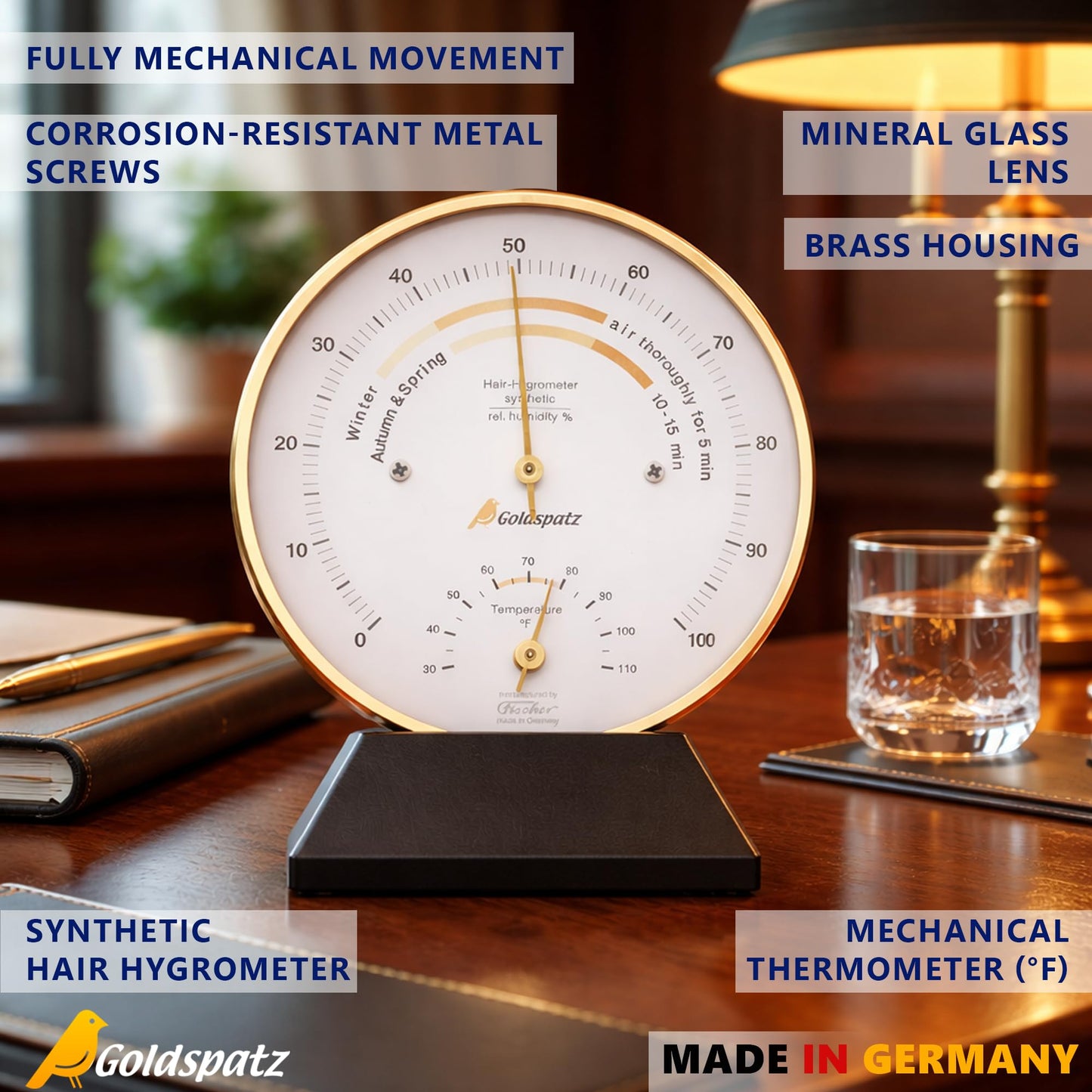 Goldspatz Living Climate Hygrometer with Thermometer °F (US Version), Ø 103 mm - Made in Germany