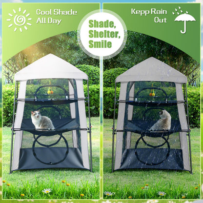 CypherX Extra Large Catio Outdoor Cat Enclosure, 3-Tier Cat Tents with Tunnels for Indoor Cats/Pop Up Cube, Cat Tower Playpen with 2 Tunnels and Tents, Portable Pet Playhouse for Outside, Patio(Grey)