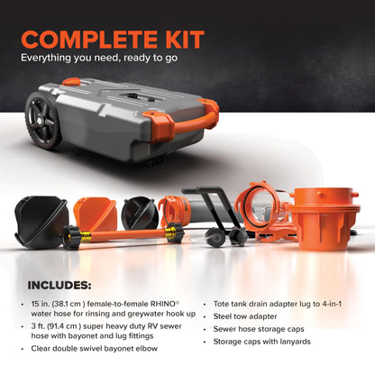 Camco Rhino 15-Gallon Portable RV Tote Tank - Features Large Heavy-Duty No-Flat Wheels & Low Drain Hole - Includes Removable Steel Tow Adapter, 3’ Sewer Hose & More RV Accessories (39000)