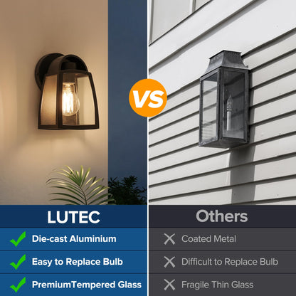 LUTEC Outdoor Wall Light Fixtures, Waterproof Aluminum Sconce, Modern Matte Black, Clear Glass Shade, 2 Pack