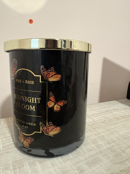 Pike + Rose Midnight Bloom Scented Soy Wax Candle, Black Glass Jar with Butterfly Design, 16 Oz