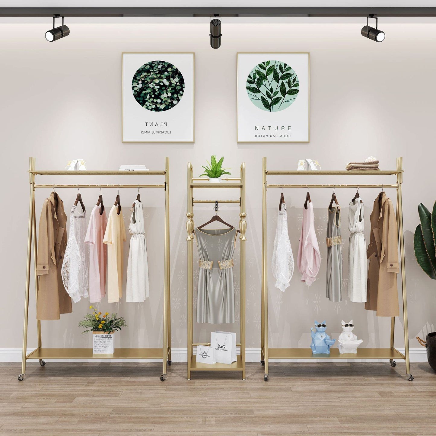 MAIKAILUN Clothes rack Gold, Freestanding Industrial Garment Rack with Double shelves Multi-functional Bedroom Hanging Clothing Rack,Heavy Duty Coat Rack Organizer for Bedroom Shoes 1 pack (39'' L)