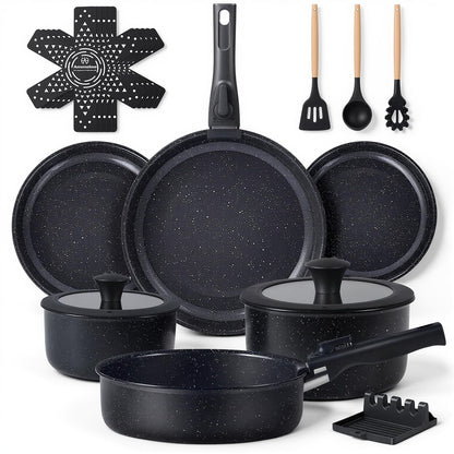 Ammeloo 21pcs Ceramic Pots and Pans Set Non Stick with Detachable Handles and Egg Frying Pan & 21 Pcs Pots and Pans Set with 3 Frying Pans