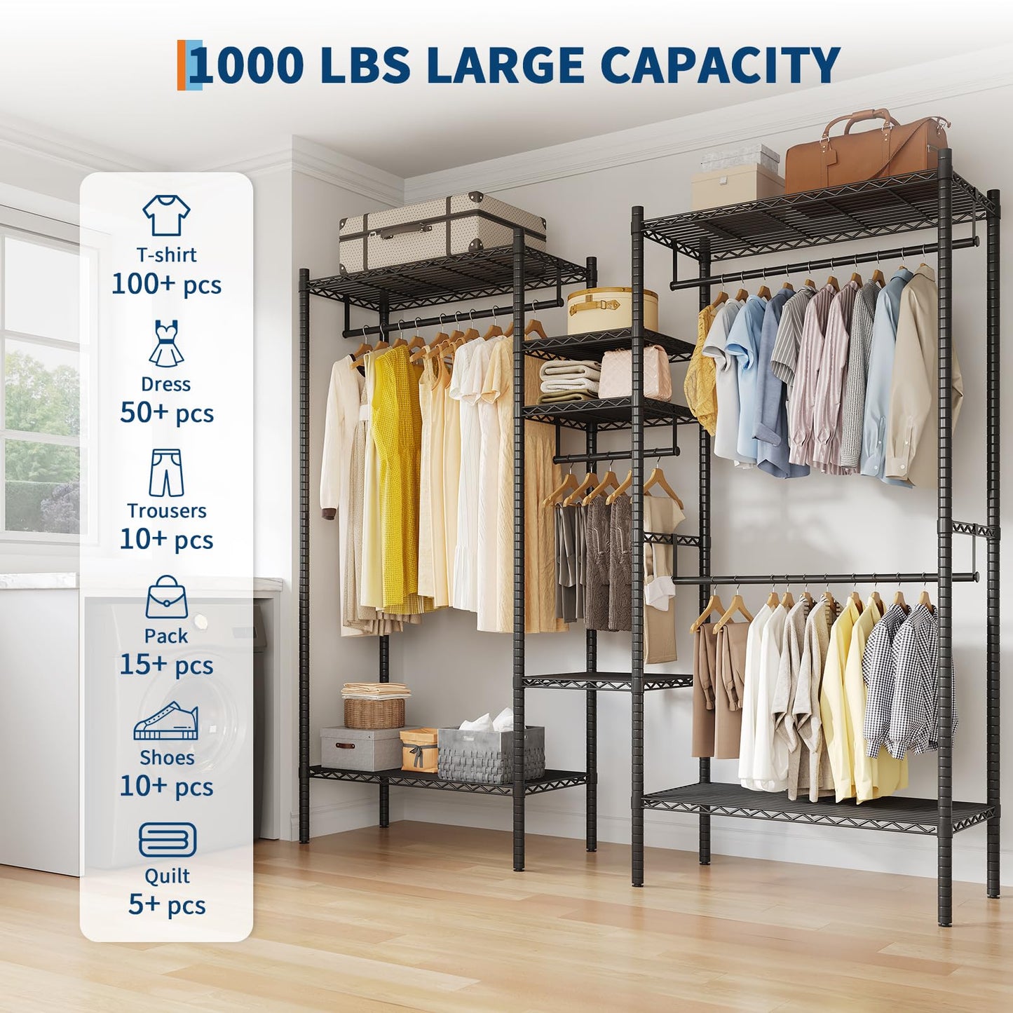 IDEALHOUSE Heavy Duty Clothes Rack for Hanging Clothes, Load 1000LBS Portable Closet Wardrobe with Shelves, Freestanding Adjustable Garment Rack for Bedroom, Walk-in Closet, 73.6"x 17.3"x 76.4", Black