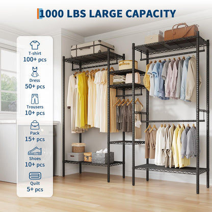 IDEALHOUSE Heavy Duty Clothes Rack for Hanging Clothes, Load 1000LBS Portable Closet Wardrobe with Shelves, Freestanding Adjustable Garment Rack for Bedroom, Walk-in Closet, 73.6"x 17.3"x 76.4", Black