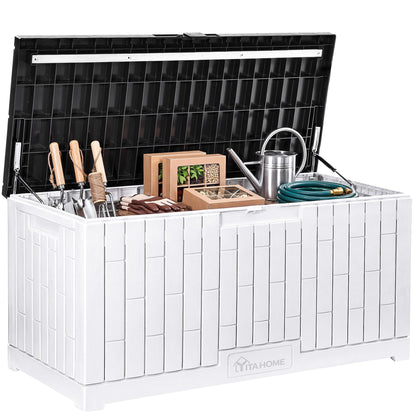 YITAHOME 120 Gallon Outdoor Storage Deck Box, Large Resin Patio Storage with Slide-Locking Black Lid, 2-Person Bench Seat for Outdoor Pillows, Garden Tools & Pool-Supplies, Waterproof, Grayish-White