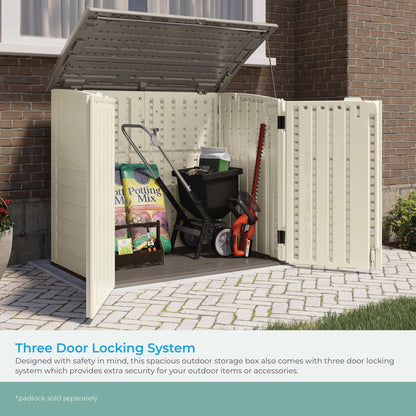 Suncast 34 Cu Ft Horizontal Resin Storage Shed - Outdoor Storage Shed with Floor Included, Lockable, Weatherproof, Fits Small to Medium Trash Cans, Generators, & Garden Tools, Vanilla Stoney