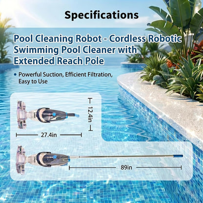 CZYBYTE Handheld Pool Vacuum Cleaner, Rechargeable Pool Bottom Cleaner with Strong Suction, 1 H Runtime, 89 inchs Extension Pole,for Above Ground/Inground Pools, Spas and Hot Tubs, Grey