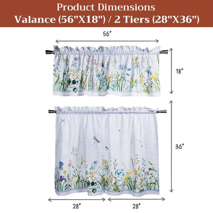 Maison d' Hermine Kitchen Curtain Set for Windows 100% Cotton Set of Kitchen Curtain Valance for Home [2 Tier (28"X36") and 1 Valance (56"X18")] Café Gifts for Mothers Day (Fleurs De Mai)