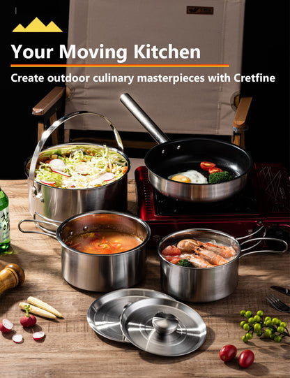 CretFine EssentialKit Camping Cookware Set Stainless Steel Pots and Pan with Detachable Handle and Oxford Cloth Bag for 4-8, Perfect for Openfire Camp Kitchen, Picnic, BBQ, Traveling, Emergency