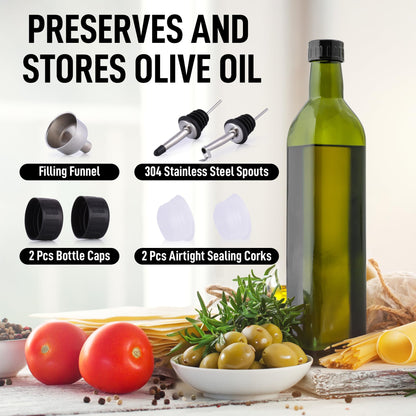 Zulay 17oz Olive Oil Dispenser Bottle – Glass Oil Cruet with Spout, Funnel & Pourers, Easy-Pour Decanter for Kitchen Cooking and Serving (Green)