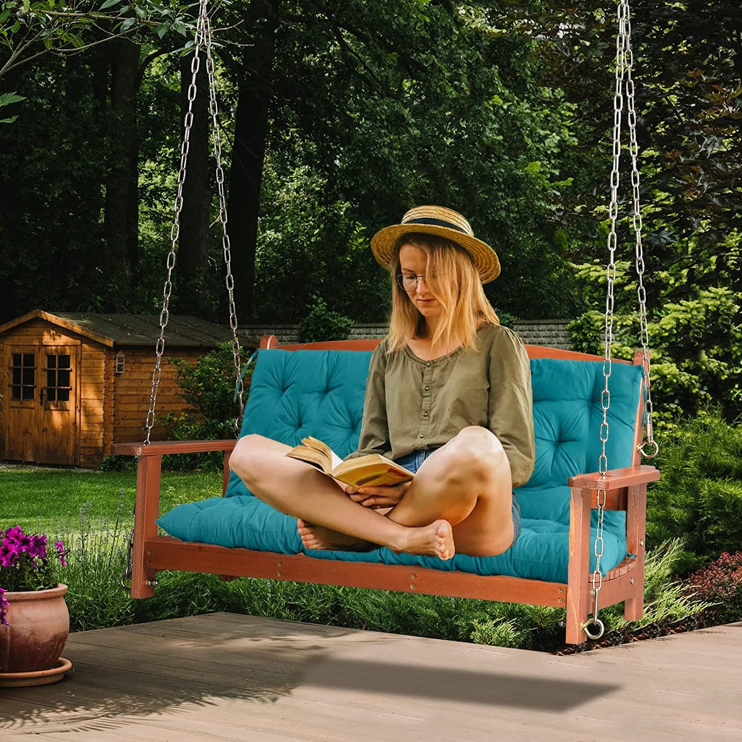 RUFXIEZW Waterproof Porch Swing Cushion Replacement, Thick 4" 2–3 Seat Outdoor Swing Seat Cushion with Backrest & Ties for Patio, Garden & Porch (Lake Blue, 40 * 60 in)