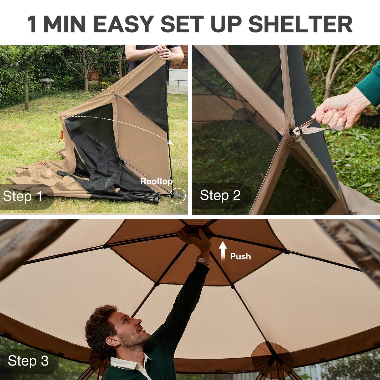 EVER ADVANCED Pop up Screen House Tent for Camping 11.5 x 9.8 ft, Instant Screened Gazebo Canopy with Netting, Portable Shelter Enclosure for Outdoor, Backyard, Khaki