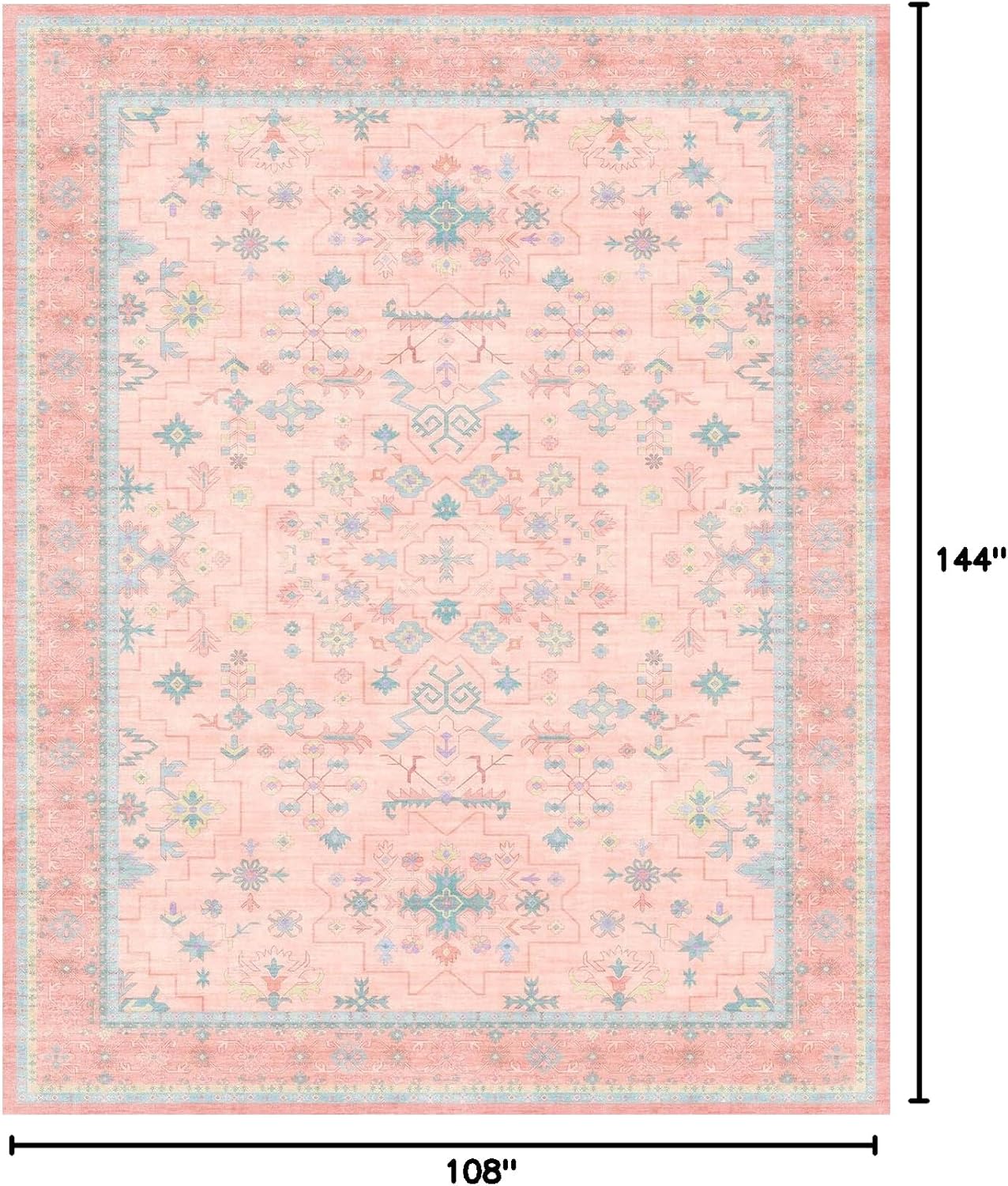 Oushak Rugs | Washable 9x12 Pink and Blue Area Rug - Modern Floral Design, Soft Faux Wool, Non-Slip
