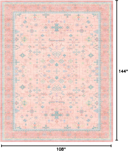 Oushak Rugs | Washable 9x12 Pink and Blue Area Rug - Modern Floral Design, Soft Faux Wool, Non-Slip