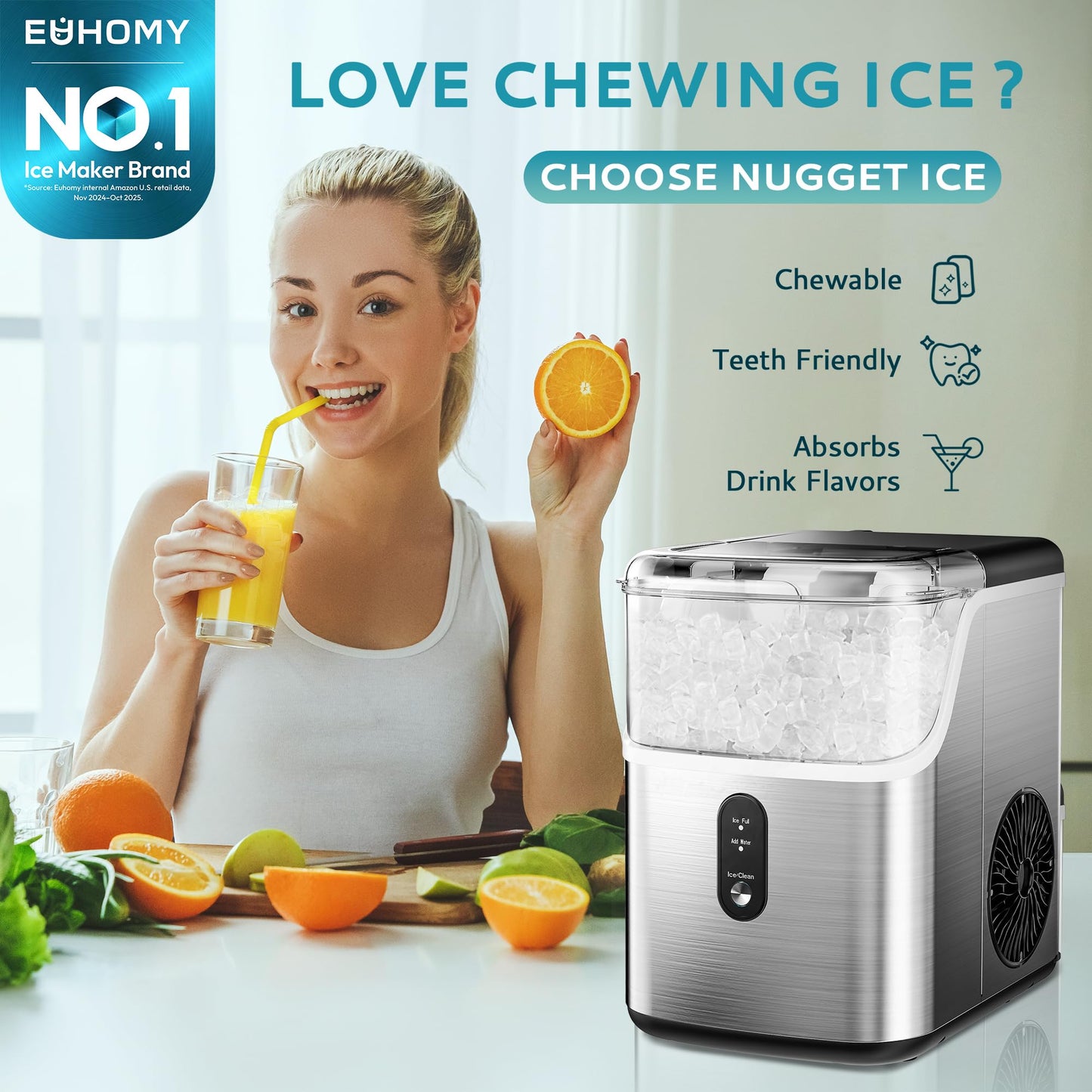 EUHOMY Nugget Ice Makers Countertop, Pebble Ice Maker Machine with 34lbs/24H Soft Ice, Self-Cleaning Sonic Ice Maker with Ice Scoop&Basket, Pellet Ice Maker for Home/Kitchen/Office(Stainless Steels)