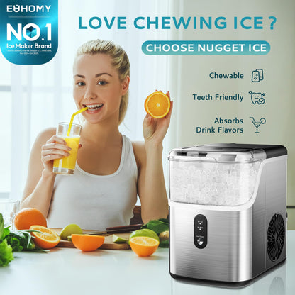 EUHOMY Nugget Ice Makers Countertop, Pebble Ice Maker Machine with 34lbs/24H Soft Ice, Self-Cleaning Sonic Ice Maker with Ice Scoop&Basket, Pellet Ice Maker for Home/Kitchen/Office(Stainless Steels)
